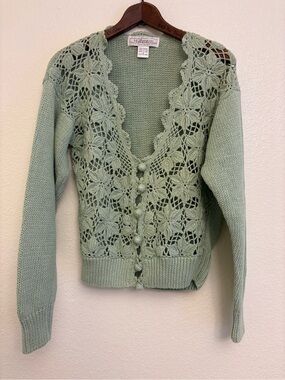 Melbourne Elements Sage Green Crochet Knit Cardigan Sweater Small Cottagecore